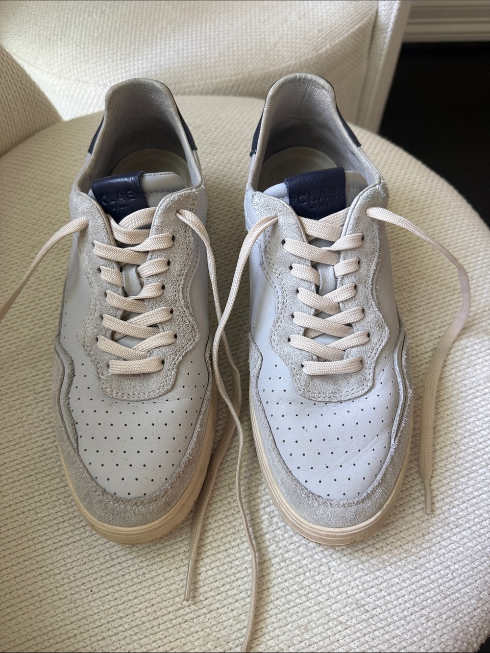 Clae Men's Leather Sneakers in Light Gray and Cream with Navy Heel Tab